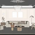 Elegant Living Room Interior With Plush Sofa Wooden Coffee Table Wall Art And Ornate Chandelier