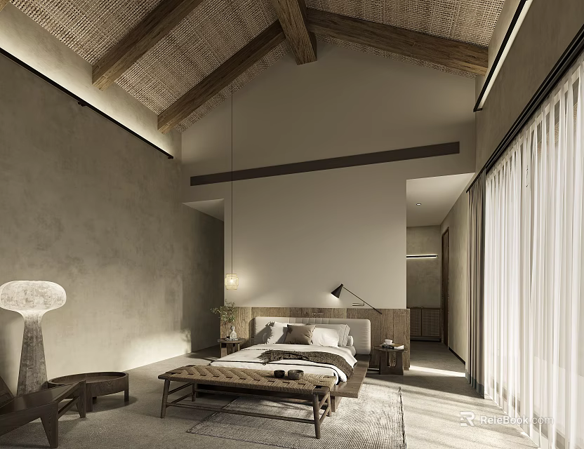 Hotel Room Design With Wooden Ceiling Stone Walls Minimalist Bed And Cozy Lighting Elements 3d model 