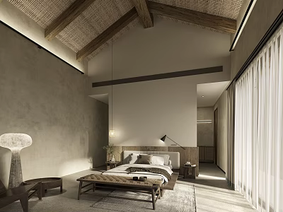Hotel Room Design With Wooden Ceiling Stone Walls Minimalist Bed And Cozy Lighting Elements 3d model
