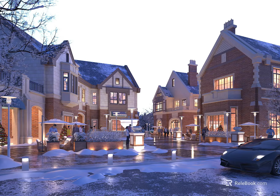European Style Commercial Street In Snowy Winter Night With Lights And Cars 3d model 