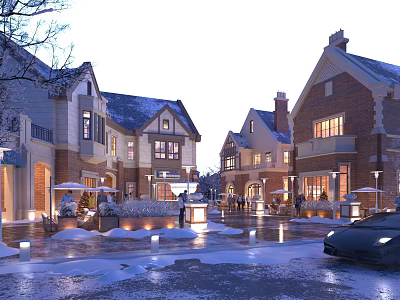 European Style Commercial Street In Snowy Winter Night With Lights And Cars 3d model