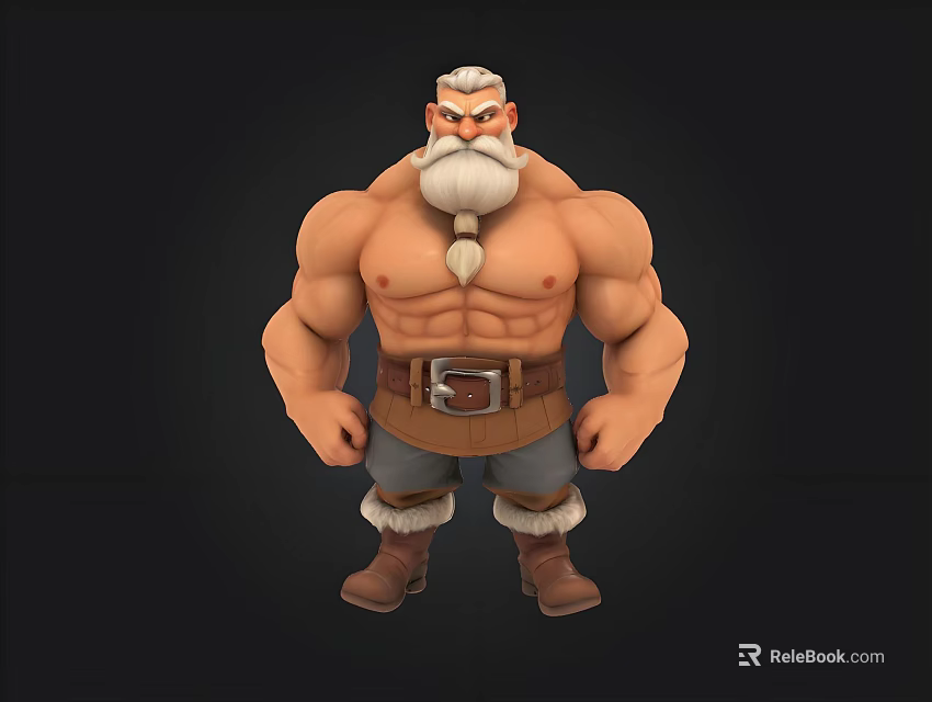 Cartoon Style Muscular White Bearded Male Character With Strong Build And Leather Boots 3d model 