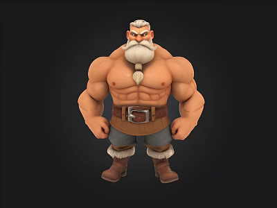 Cartoon Style Muscular White Bearded Male Character With Strong Build And Leather Boots 3d model