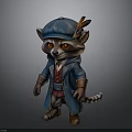 Adorable Raccoon Character Wearing Blue Coat Hat With Feather Red Vest Brown Boots
