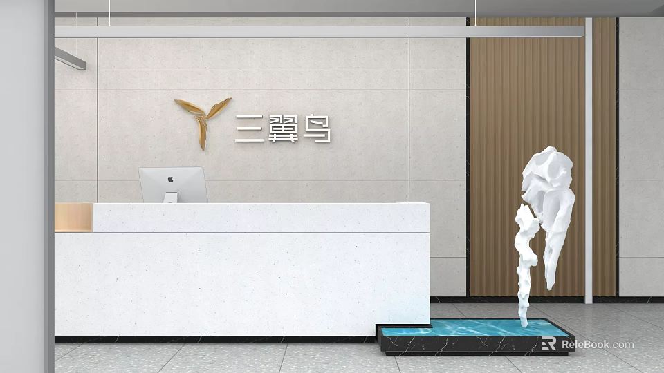 Modern Front Desk Reception Area With White Countertop Water Feature Sculpture And light Background 3d model 