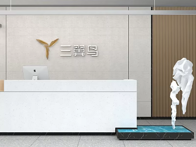 Modern Front Desk Reception Area With White Countertop Water Feature Sculpture And light Background 3d model