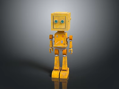 Yellow Square Head Robot Character With Green Eyes For Game Scenes 3d model