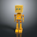 Yellow Square Head Robot Character With Green Eyes For Game Scenes
