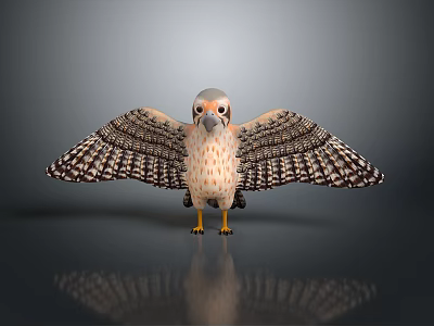 Detailed Falcon Bird with Spread Wings Standing on Reflective Gray Background 3d model