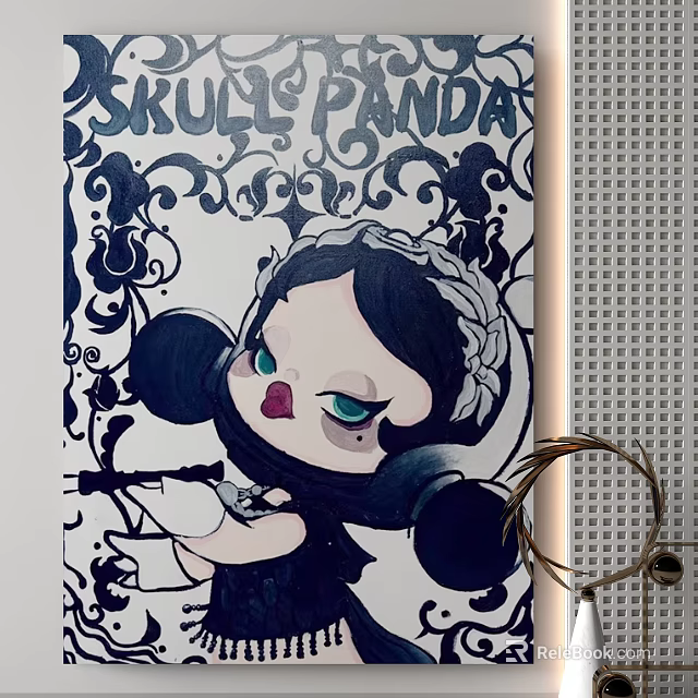 Skully Panda Character Painting In Cartoon Style With Black White Decorative Background And Large Ears 3d model 