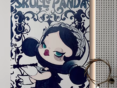 Skully Panda Character Painting In Cartoon Style With Black White Decorative Background And Large Ears 3d model