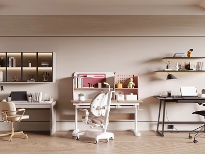 Modern Home Office Desks With Ergonomic Chair Lamp Books And Decorative Shelves 3d model