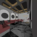 KTV Interior Design With Red Sofas Black Coffee Tables Circular Mirrors Neon Lights Microphone And Marble Flooring