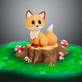 Cute Cartoon Fox Sitting On Tree Stump With Red Mushrooms And Green Grass