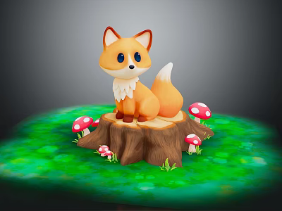 Cute Cartoon Fox Sitting On Tree Stump With Red Mushrooms And Green Grass 3d model