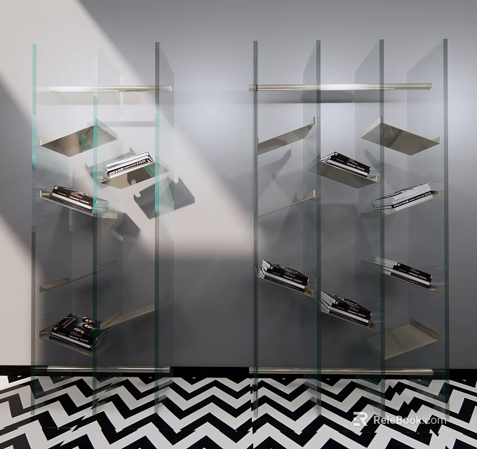 Modern Glass Shelving Unit With Metal Frame And Layered Design For Home Decor 3d model 