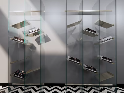 Modern Glass Shelving Unit With Metal Frame And Layered Design For Home Decor 3d model