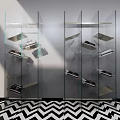 Modern Glass Shelving Unit With Metal Frame And Layered Design For Home Decor