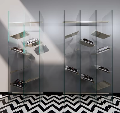Modern Glass Shelving Unit With Metal Frame And Layered Design For Home Decor 3d model