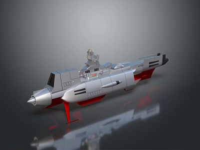 Weapon Military Ship Model With Silver Body Red Bottom Multiple Compartments And Top Structures 3d model