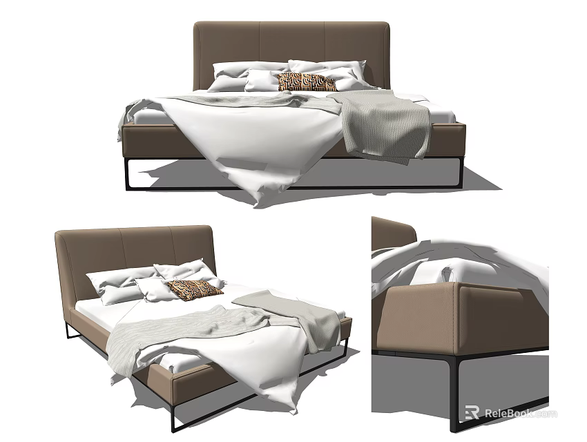 Modern Double Bed Interior Design With Brown Headboard Black Frame And White Bedding 3d model