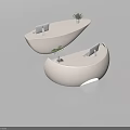 Modern White Curved Reception Desks With Computer Monitors And Small Plants 3d model