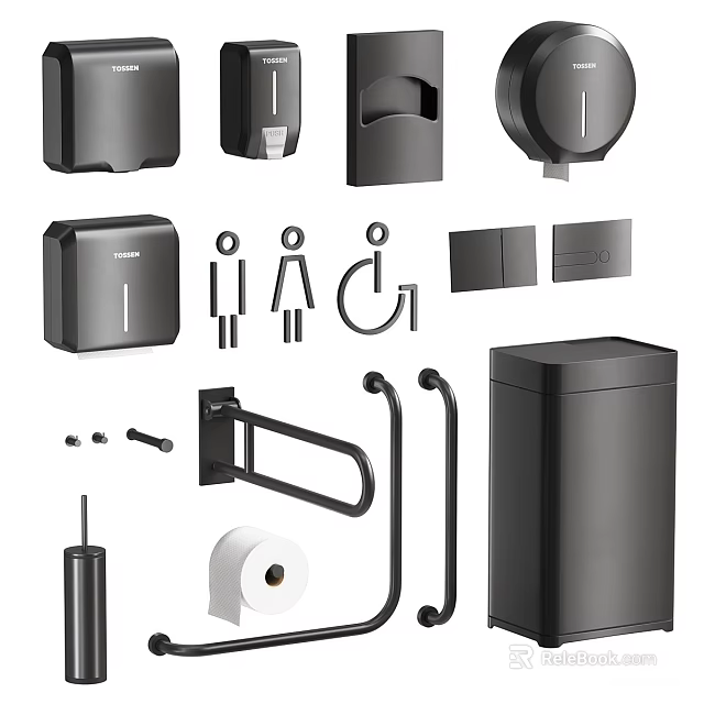 Sleek Black Bathroom Accessories Set With Soap Dispenser Tissue Holder Towel Racks And Trash Bin 3d model 