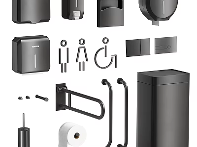 Sleek Black Bathroom Accessories Set With Soap Dispenser Tissue Holder Towel Racks And Trash Bin 3d model