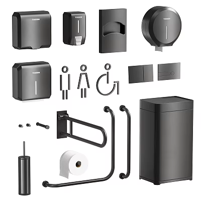 Sleek Black Bathroom Accessories Set With Soap Dispenser Tissue Holder Towel Racks And Trash Bin 3d model