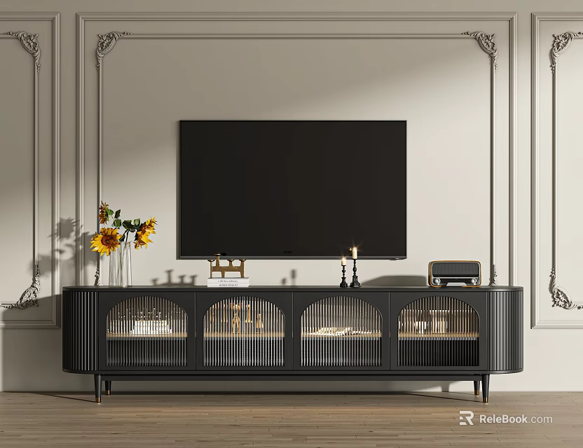 Black Modern TV Stand With Sunflower Vase Decor Items On Light Wall With Decorative Moldings 3d model 