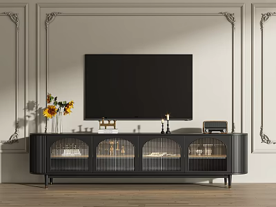 Black Modern TV Stand With Sunflower Vase Decor Items On Light Wall With Decorative Moldings 3d model