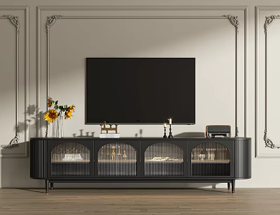 Black Modern TV Stand With Sunflower Vase Decor Items On Light Wall With Decorative Moldings 3d model