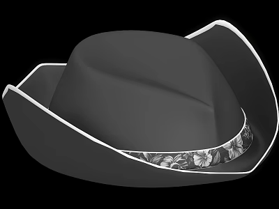 Black Wide Brim Hat With White Trim And Floral Pattern Band 3d model