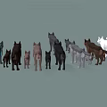 Low Poly Style Various Colored Wolves Standing Together in Group 3d model