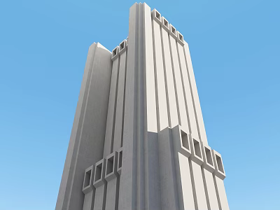 Tall Modern Gray Building With Vertical Lines Against Clear Blue Sky 3d model