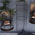 Decorative Ornament Set With Hanging Birdcages Glass Metal Frames Plants And Stone Arrangement