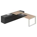 Minimalist Modern Office Table And Chair Combination With Light Wood Top And Black Storage Cabinets