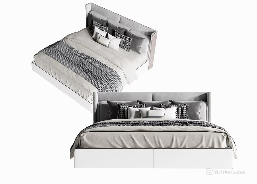 Modern Double Bed With Grey Headboard White Frame And Decorative Pillows 3d model