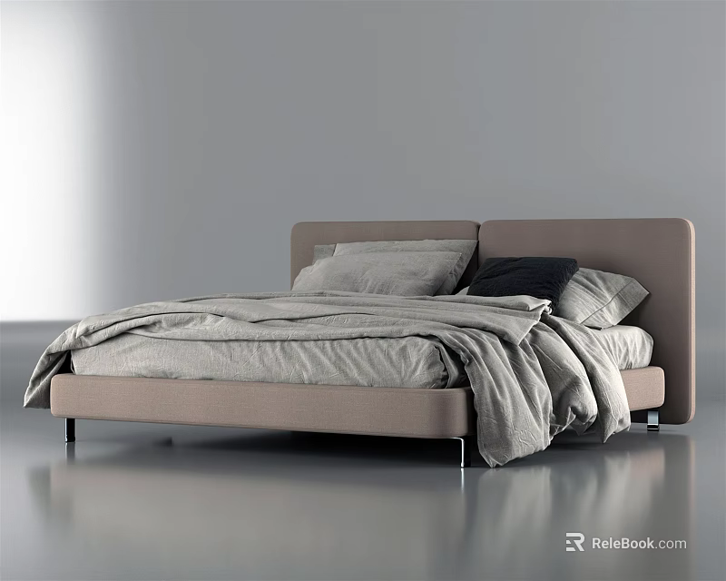 Modern Double Bed with Beige Headboard Gray Bedding and Pillows Including Black Accent 3d model