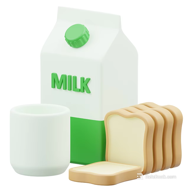 Fresh Milk Carton With White Cup And Slices Of Bread 3d model 
