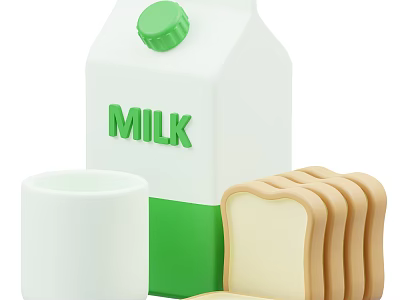 Fresh Milk Carton With White Cup And Slices Of Bread 3d model