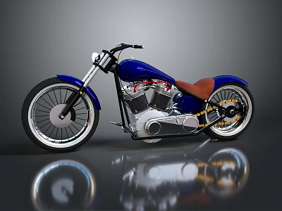 Blue Motorcycle With Brown Seat Silver Wheels And Shiny Engine On Reflective Surface 3d model