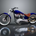 Blue Motorcycle With Brown Seat Silver Wheels And Shiny Engine On Reflective Surface