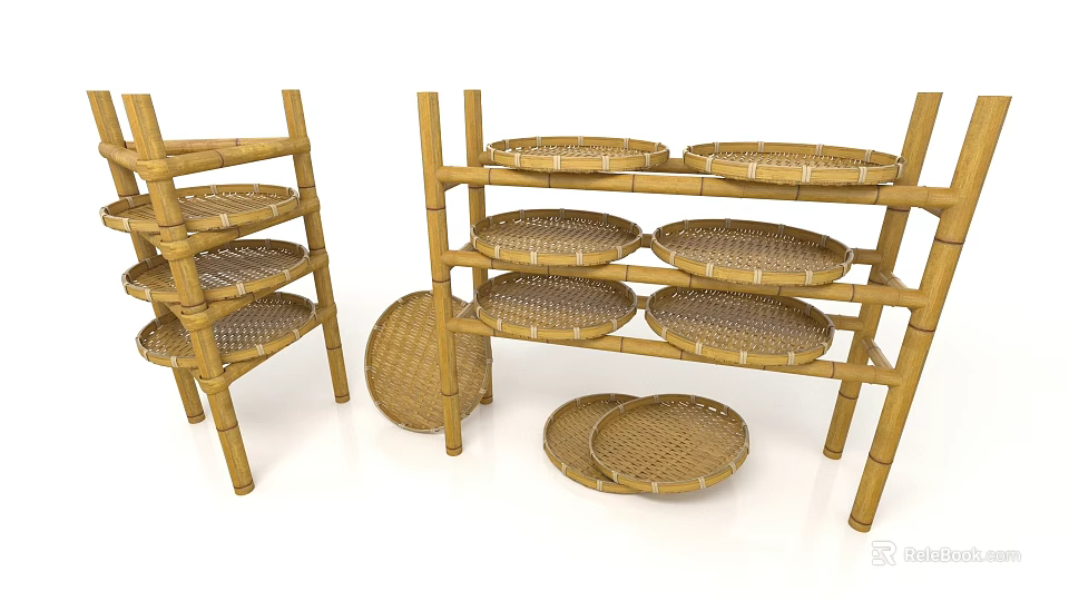 Multi tier Bamboo Display Shelves With Round Woven Storage Trays 3d model