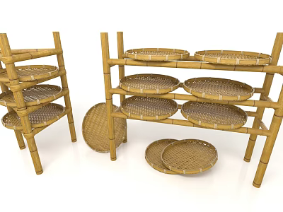 Multi tier Bamboo Display Shelves With Round Woven Storage Trays 3d model