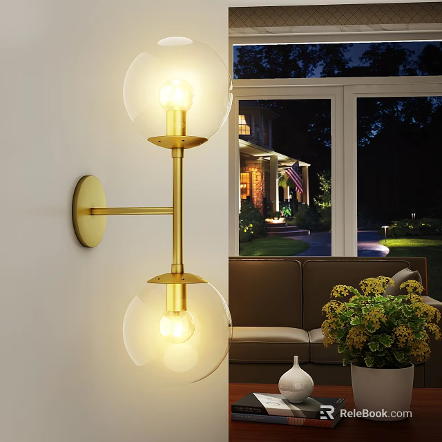Double Globe Glass Shade Gold Wall Lamp Illuminating Modern Living Room Space 3d model 