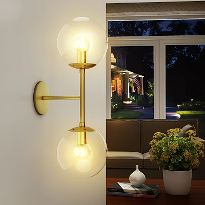 Double Globe Glass Shade Gold Wall Lamp Illuminating Modern Living Room Space 3d model