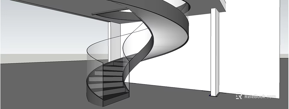 Modern Spiral Staircase With Glass Railing And Black Steps In Minimalist Interior 3d model 