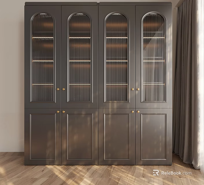 Elegant Dark Wooden Display Cabinet With Grid Glass Doors And Gold Handles Design 3d model 