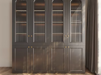 Elegant Dark Wooden Display Cabinet With Grid Glass Doors And Gold Handles Design 3d model